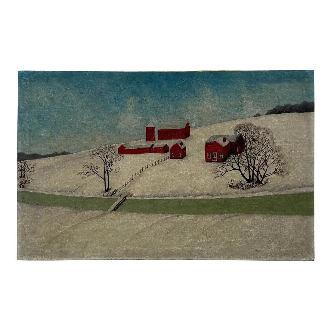 Acrylic Canvas Artwork Depicting Snowy Rural Prairie Scene: Acrylic Canvas Artwork Depicting Snowy Rural Prairie Scene This vintage boho acrylic painting on canvas depicts a tranquil rural prairie landscape in winter, featuring rolling white hills, bare trees,