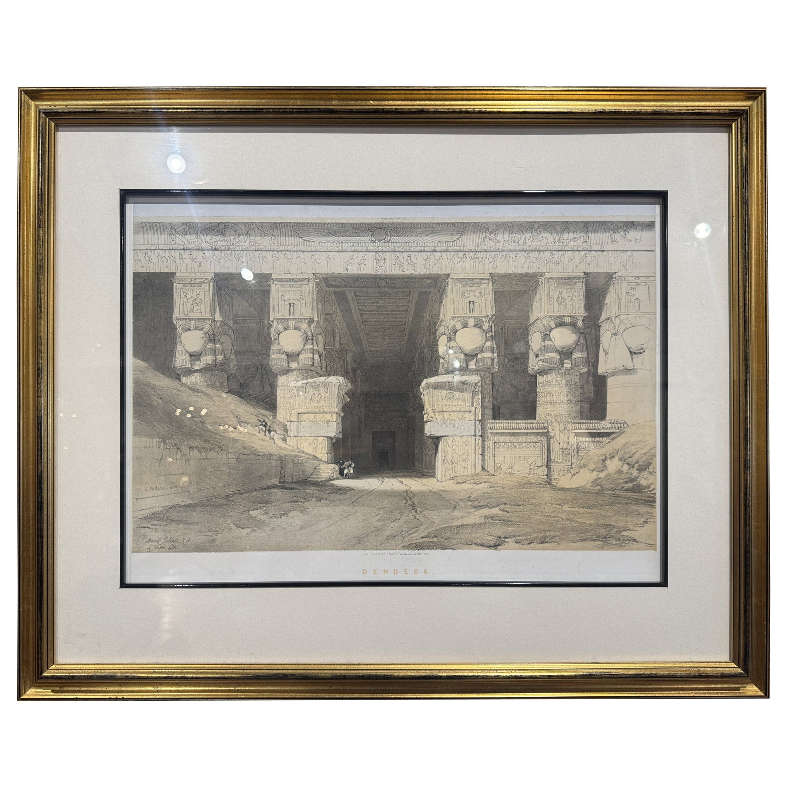Temple of Hathor at Dendera Neoclassical English Engraving Gilt Framed c1847: Temple of Hathor at Dendera Neoclassical English Engraving Gilt Framed c1847 This mid-19th century English neoclassical engraving, hand colored and created circa 1847, features a detailed depiction of
