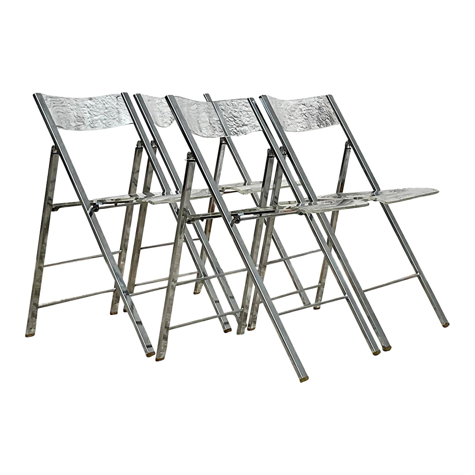 Set of 4 Vintage Boho Chrome Metal Folding Chairs: Set of 4 Vintage Boho Chrome Metal Folding Chairs Enhance your decor with these Vintage Boho Chrome and Metal Folding Chairs, a set of four that combines retro style with practical design. The sleek c
