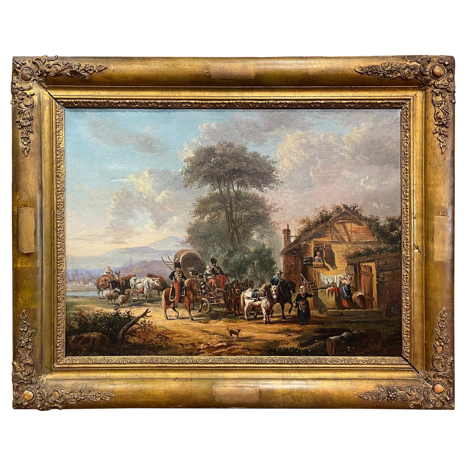 Napoleon III Era French Oil Painting Pastoral Scene With Soldiers In Giltwood Frame: Napoleon III Era French Oil Painting Pastoral Scene With Soldiers In Giltwood Frame This finely executed mid-19th century French oil painting captures a detailed pastoral scene from the Napoleon III e