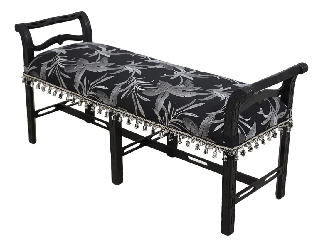 Vintage Chippendale Black Upholstered Window Bench C.1940s: Vintage Chippendale Black Upholstered Window Bench C.1940s This stunning Chippendale-style window bench, dating back to the 1940s, features a quality constructed vintage frame with a sleek black paint