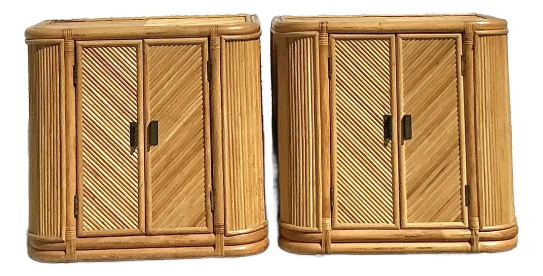 Pair of Vintage Boho Chevron Reed Nightstands with Storage: Pair of Vintage Boho Chevron Reed Nightstands with Storage Enhance your living space with this exquisite pair of vintage boho chevron nightstands. Crafted with a beautiful handwoven chevron pattern on