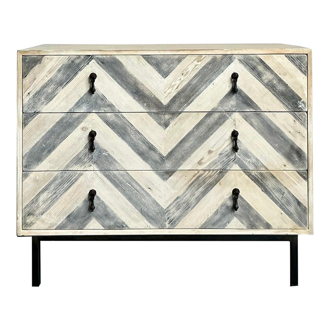 Chevron Patterned Vintage Whitewashed Wood Chest with Drawers: Chevron Patterned Vintage Whitewashed Wood Chest with Drawers This vintage Boho chest of drawers features a distinctive whitewash chevron pattern on its wooden facade, creating an eye-catching herring