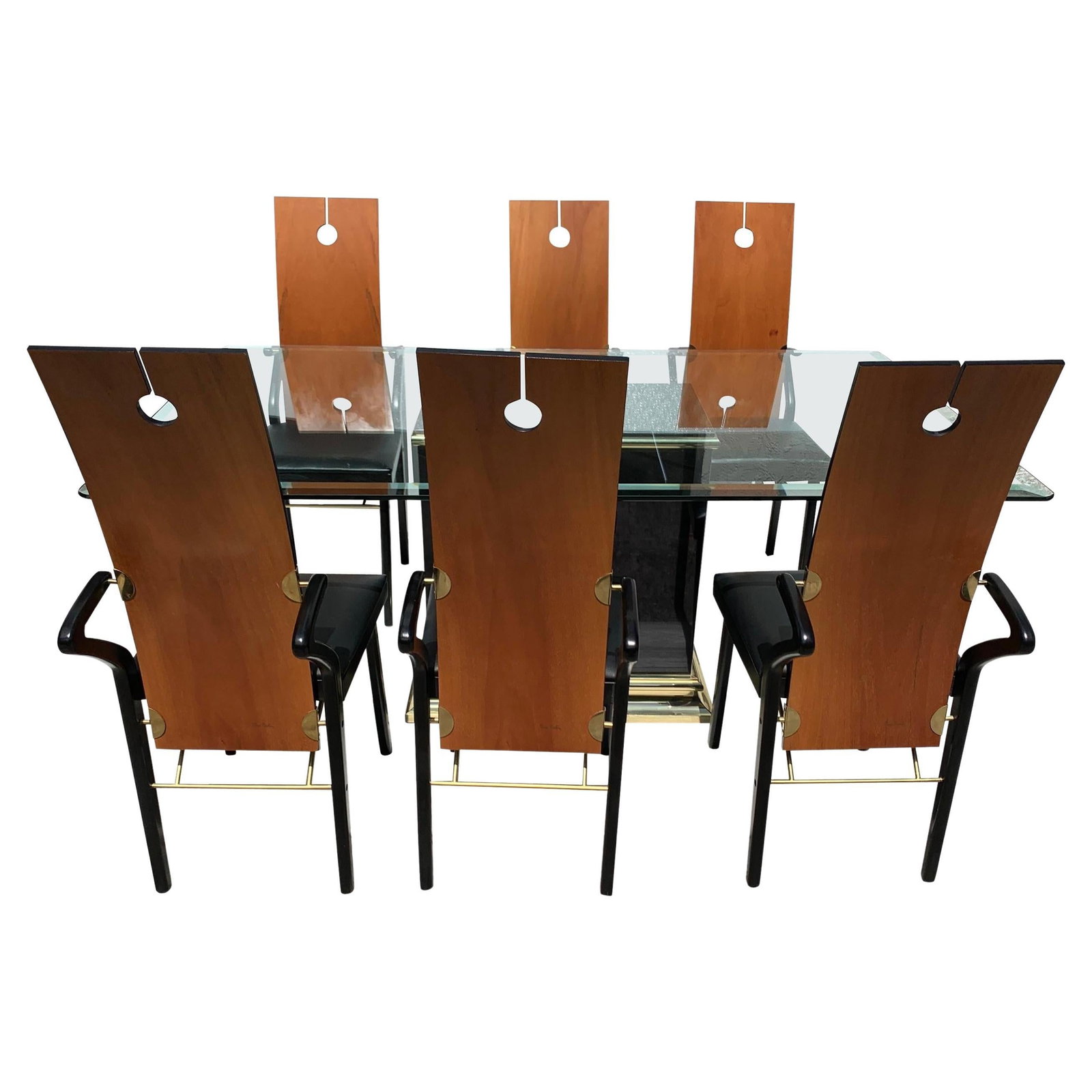 Pierre Cardin Mid-Century Dining Set with 6 Keyhole Chairs and Brass Table: Pierre Cardin Mid-Century Dining Set with 6 Keyhole Chairs and Brass Table Elevate your dining experience with this stunning Pierre Cardin Dining Room Set, featuring six iconic keyhole back armchairs 