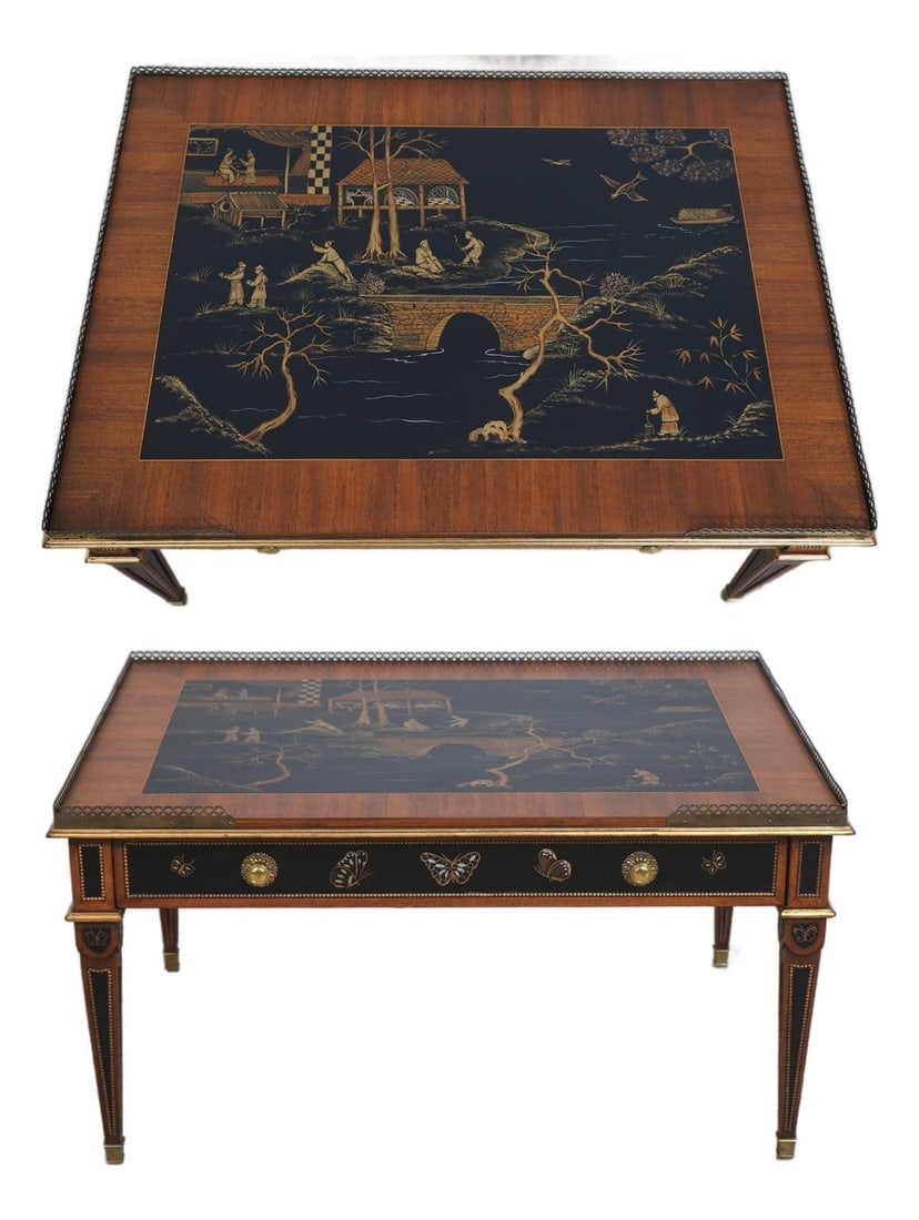Chinoiserie Coffee Table With Brass Gallery From Newport Collection: Chinoiserie Coffee Table With Brass Gallery From Newport Collection This coffee table from the Newport Historic Mansions Collection by EJ Victor features a Chinoiserie decorated finish on brown wood. 