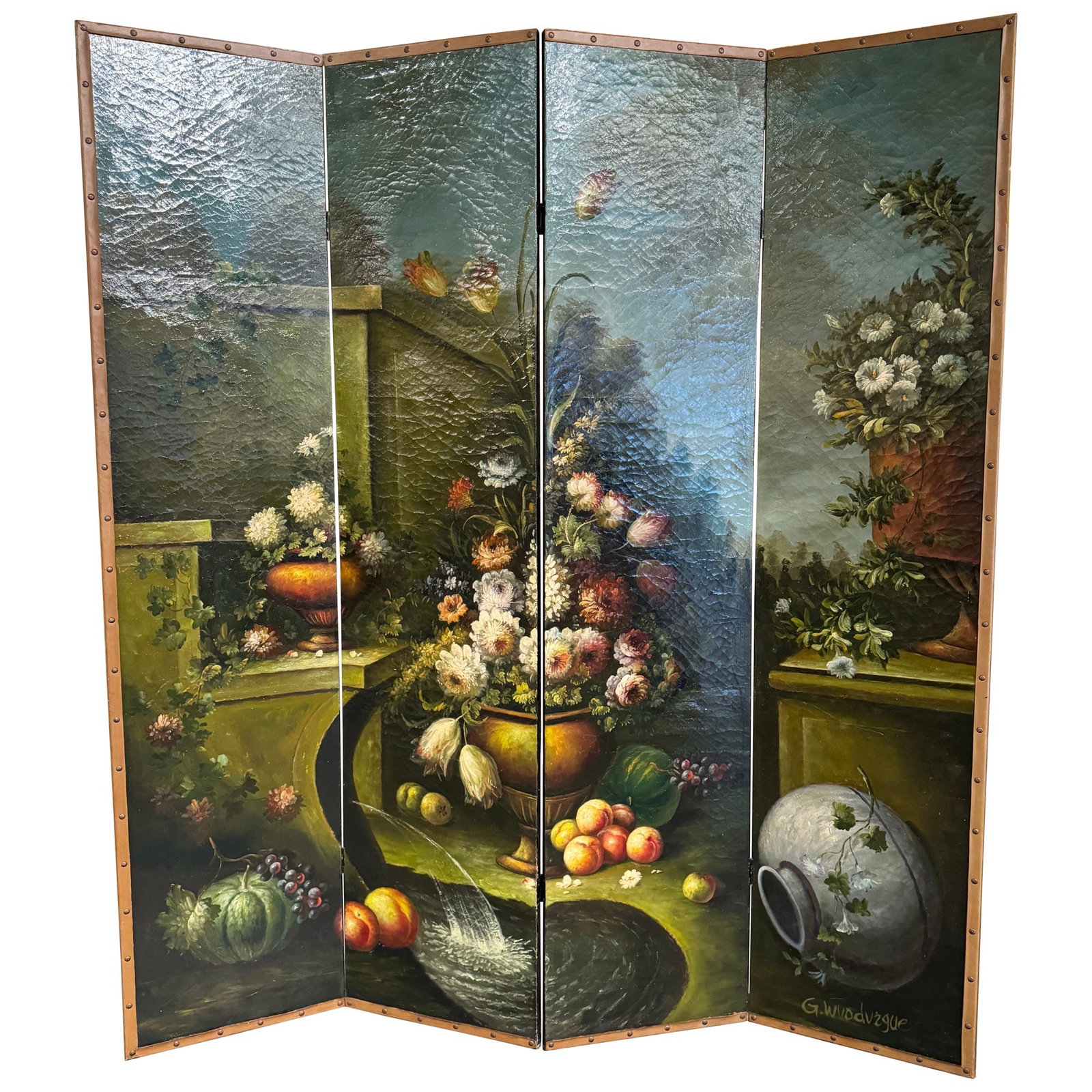 Antique 19th Century French Hand Painted Folding Screen with Leather Trim: Antique 19th Century French Hand Painted Folding Screen with Leather Trim This exquisite 19th Century French hand-painted four-panel folding screen features a stunning still-life composition, perfect 
