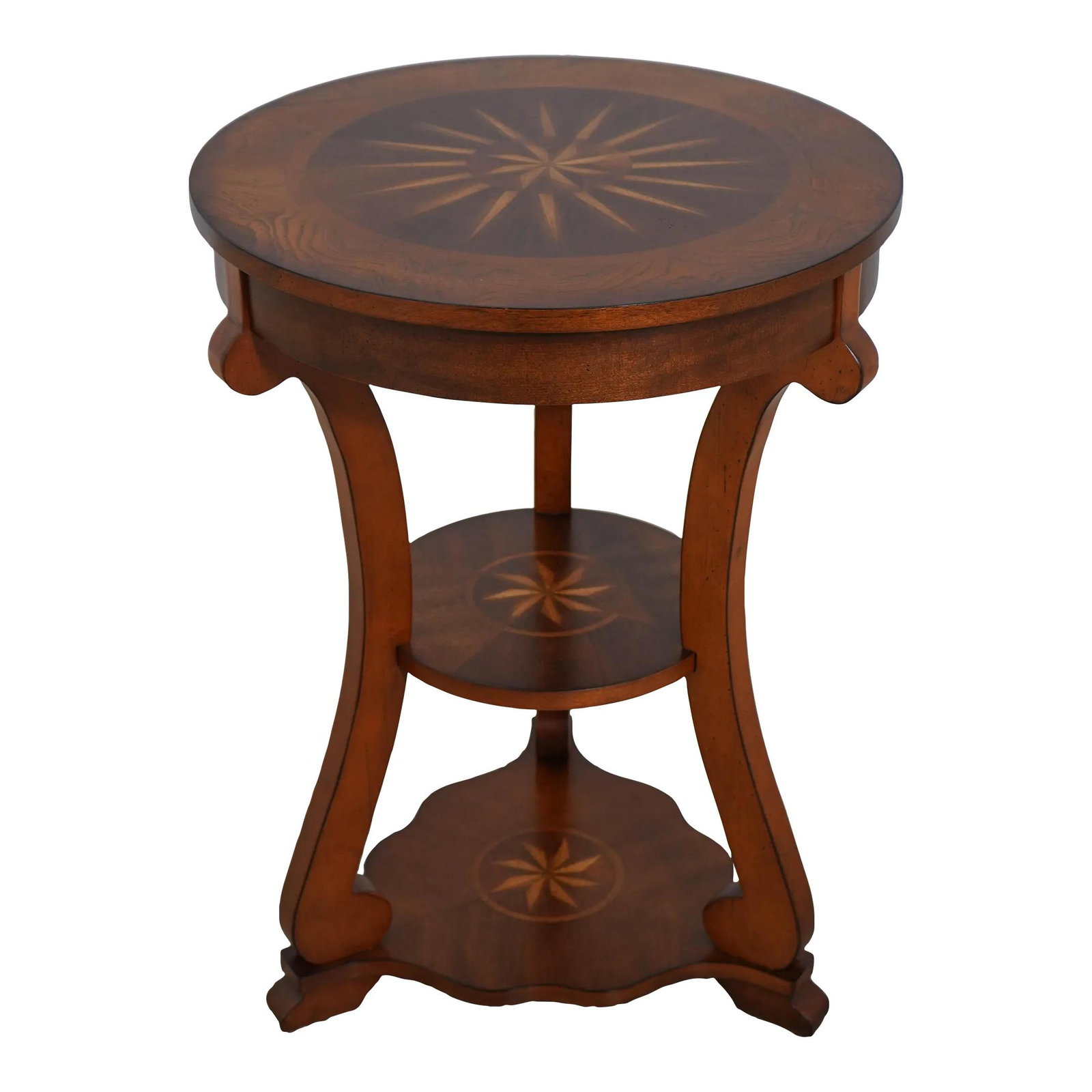 Elegant Round Wood Inlaid Top Tiered Lamp Table 22w x 22d x 30.5h: Elegant Round Wood Inlaid Top Tiered Lamp Table 22w x 22d x 30.5h This exquisite round inlaid top tiered lamp table features a beautifully crafted burl banded top with multi-wood inlaid surfaces, show