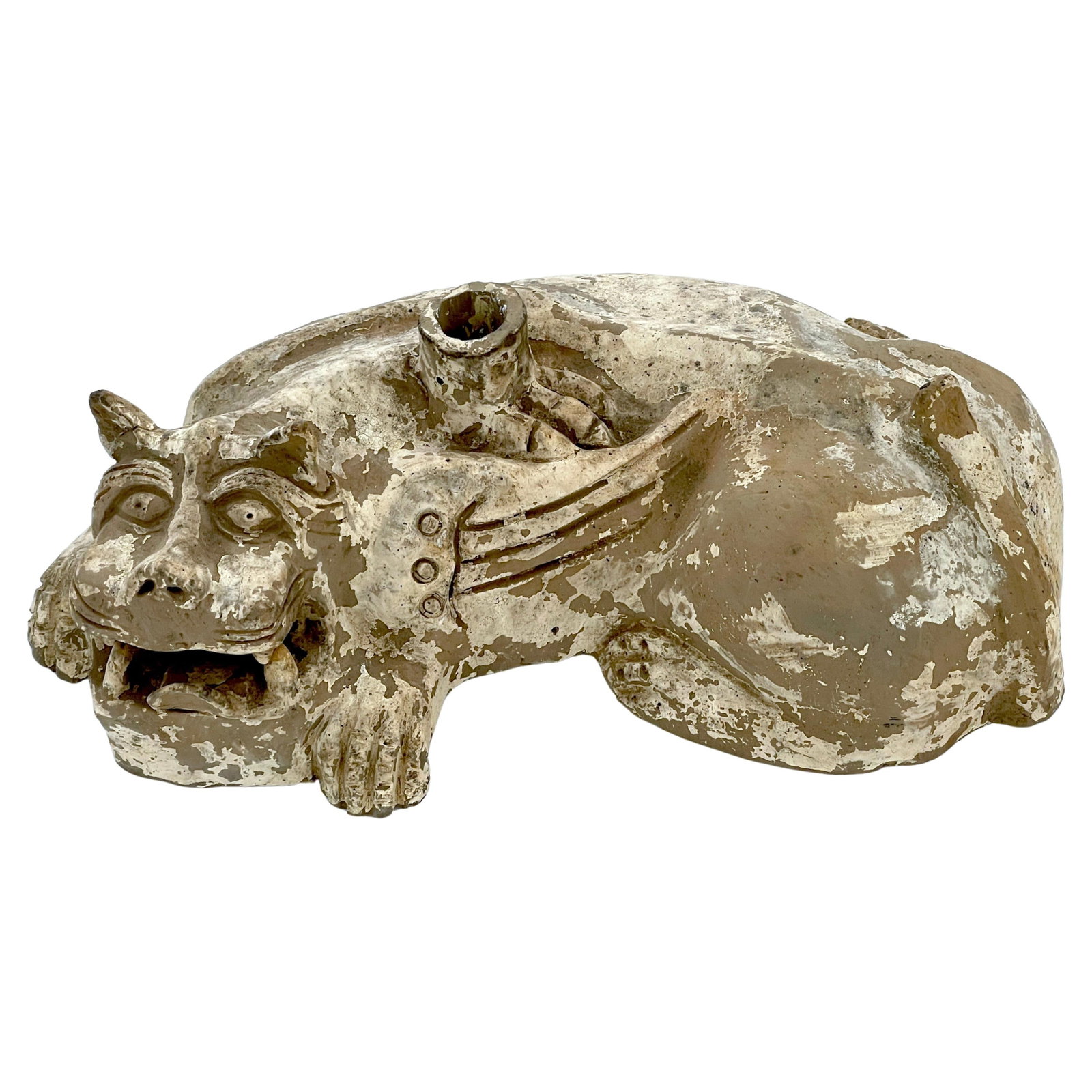 20th Century Chinese Han Style Foo Dog Pottery Candlestick: 20th Century Chinese Han Style Foo Dog Pottery Candlestick This large Chinese Han Dynasty style pottery candlestick features a stylized Foo Dog design, symbolizing protection and auspicious energy. Cr