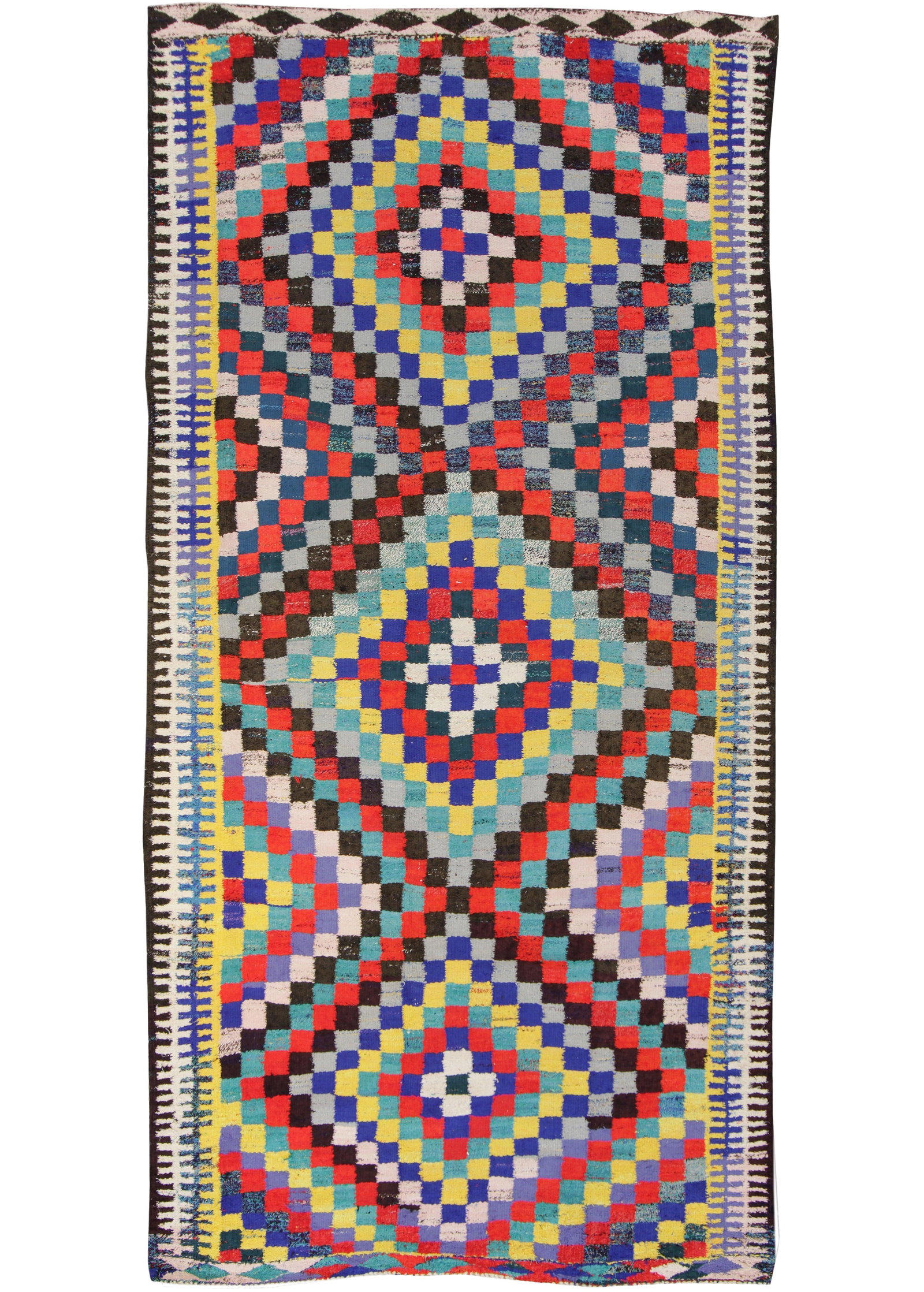 Mid Century Vintage Kilim Wool Rug Hand-Knotted Geometric Design 5'7 x 11'5: Mid Century Vintage Kilim Wool Rug Hand-Knotted Geometric Design 5'7 x 11'5 This stunning mid-20th century vintage Kilim rug features exquisite hand-knotted wool craftsmanship, adorned with a vibrant 