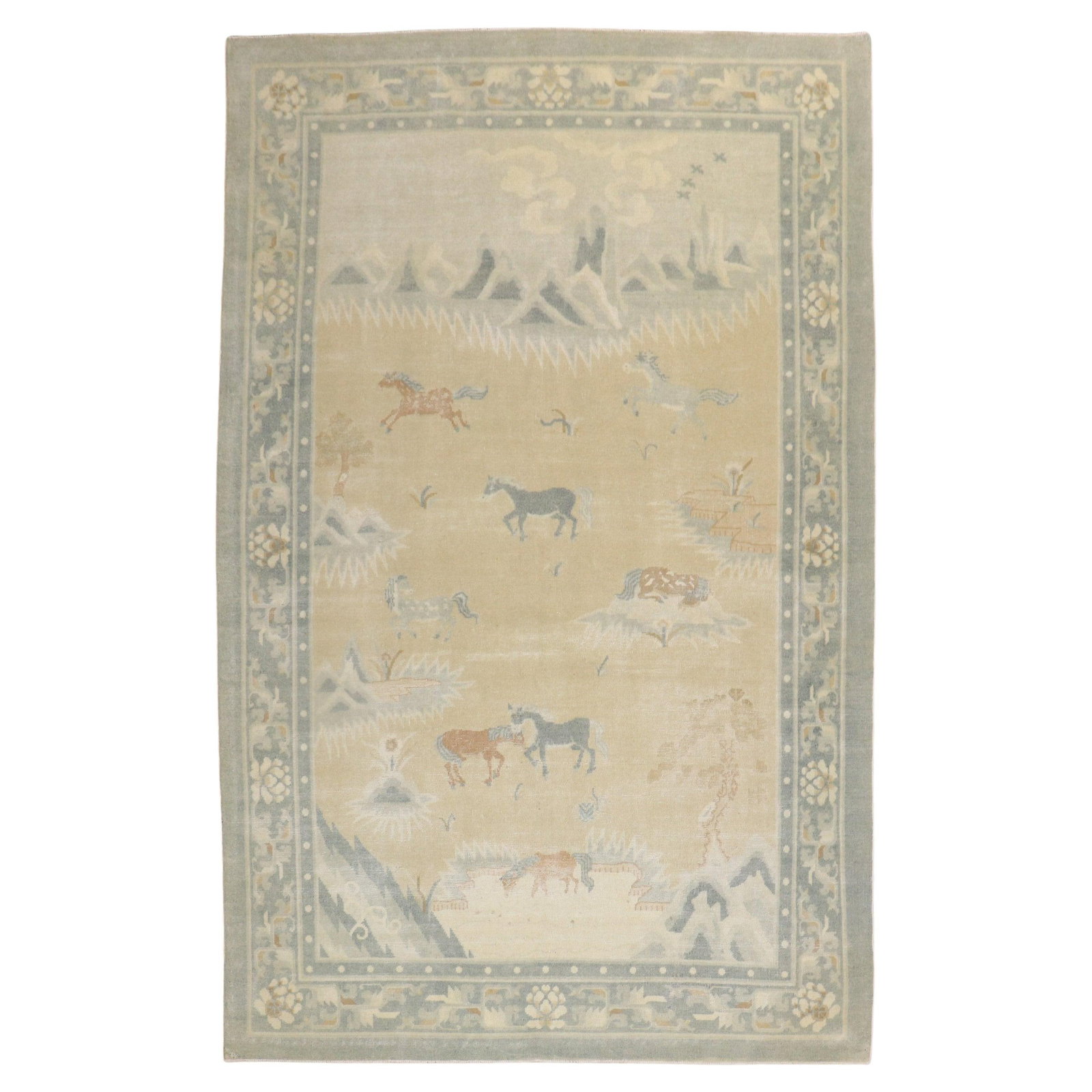 Antique Chinese Pictorial Rug Herd of Horses 67 x 97 Hand-Woven Wool: Antique Chinese Pictorial Rug Herd of Horses 67 x 97 Hand-Woven Wool This stunning early 20th-century Chinese pictorial rug features a captivating herd of horses set against a neutral color ground, ma