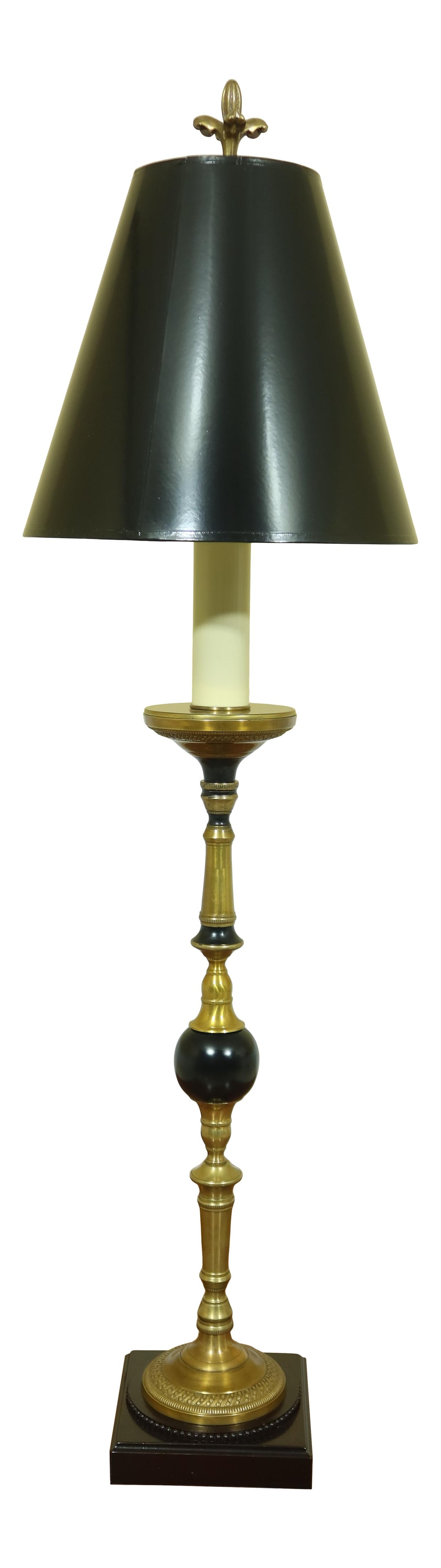 John Richard Regency Style Brass Table Lamp with Black Shade 46": John Richard Regency Style Brass Table Lamp with Black Shade 46" This impressive John Richard tall table lamp showcases a stunning Regency style with a sleek black paper shade, perfect for adding a to