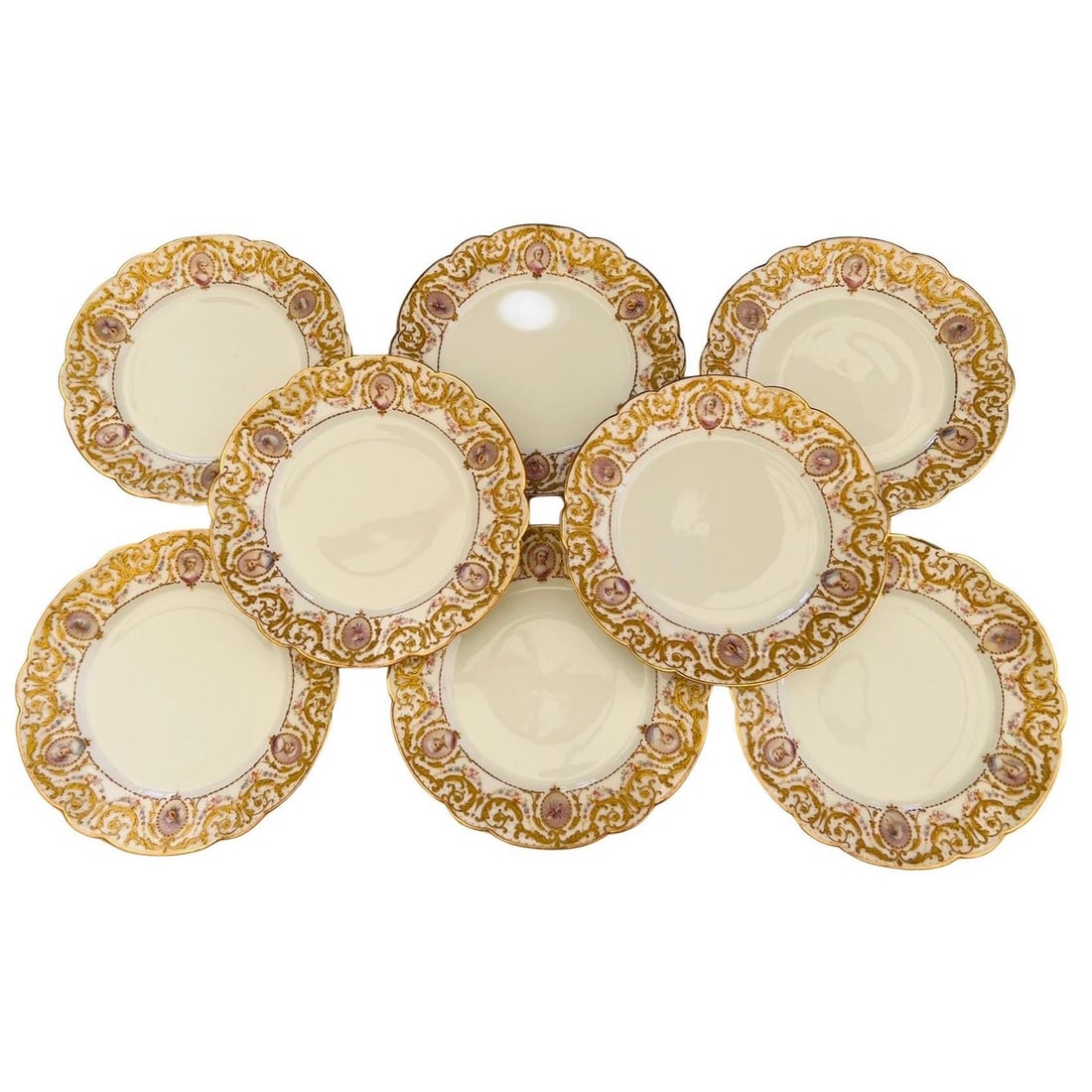 Set of 8 Raphael Weill 19th Century Hand Enameled Porcelain Plates 9": Set of 8 Raphael Weill 19th Century Hand Enameled Porcelain Plates 9" This exquisite set of 8 porcelain plates from the 19th century showcases the artistry of Raphael Weill & Company, renowned for the