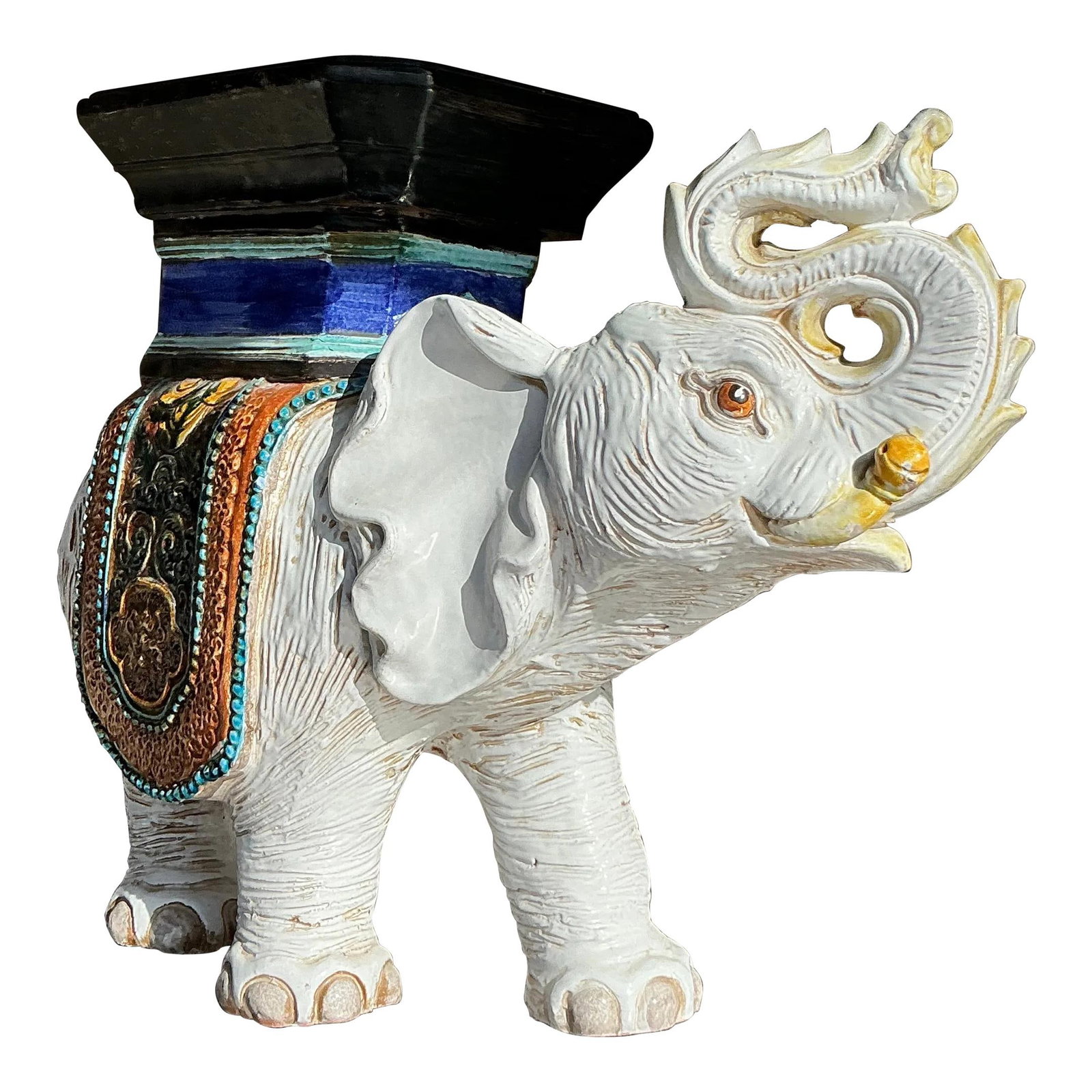 Vintage Glazed Ceramic Elephant Stool Decorative Table: Vintage Glazed Ceramic Elephant Stool Decorative Table Add a touch of whimsy to your space with this vintage Boho glazed ceramic elephant low stool. This charming piece combines bold character with fu