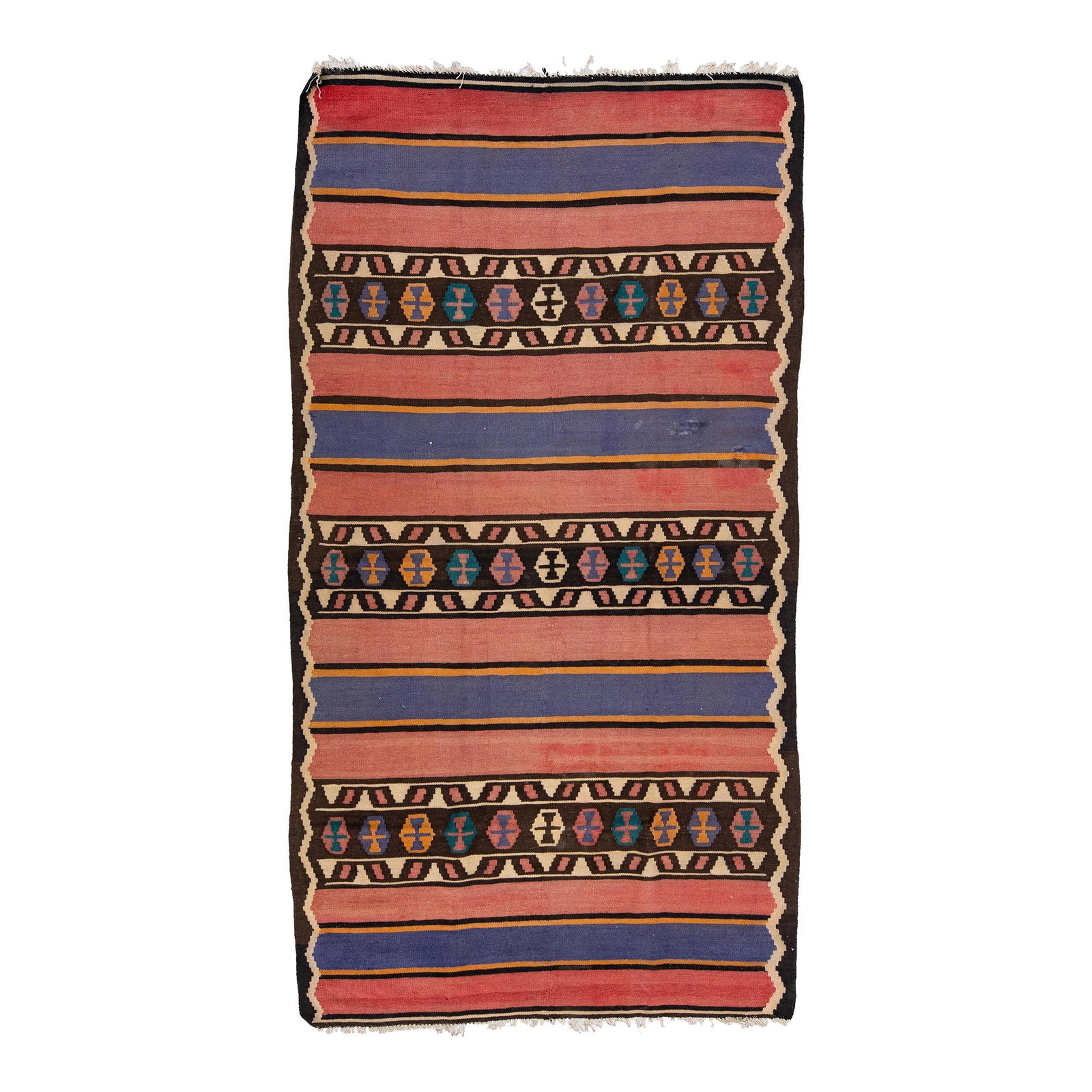 1960s Vintage Turkish Kilim Peach Tribal Wool Rug 5 x 9'6: 1960s Vintage Turkish Kilim Peach Tribal Wool Rug 5 x 9'6 This stunning vintage Turkish Kilim rug showcases a beautiful hand-knotted wool construction featuring a soft peach field. Surrounded by a bei