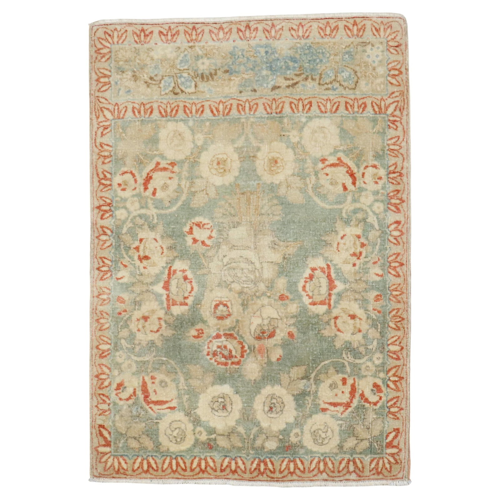 Zabihi Collection Light Green Persian Kashan Hand-Knotted Mini Rug 1'11" x 2'9": Zabihi Collection Light Green Persian Kashan Hand-Knotted Mini Rug 1'11" x 2'9" Discover the exquisite charm of this light green Persian Kashan mat, a fine quality piece from the early 20th century. H