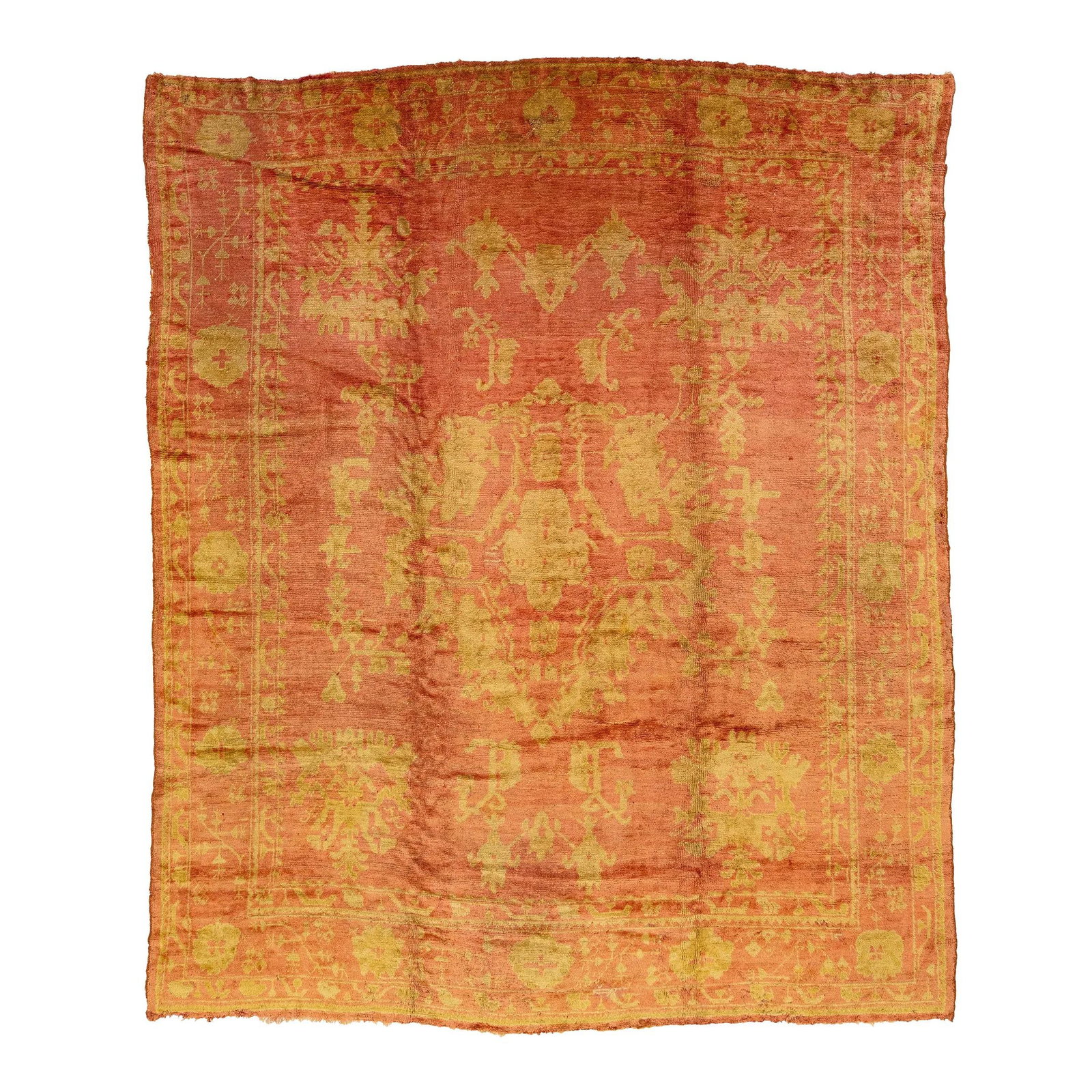 1910s Antique Oushak Turkish Wool Rug Terracotta Floral Design 10'10 x 13': 1910s Antique Oushak Turkish Wool Rug Terracotta Floral Design 10'10 x 13' Discover the elegance of this 1910s Antique Oushak Turkish Wool Rug, showcasing a beautiful terracotta-colored base. Hand-kno