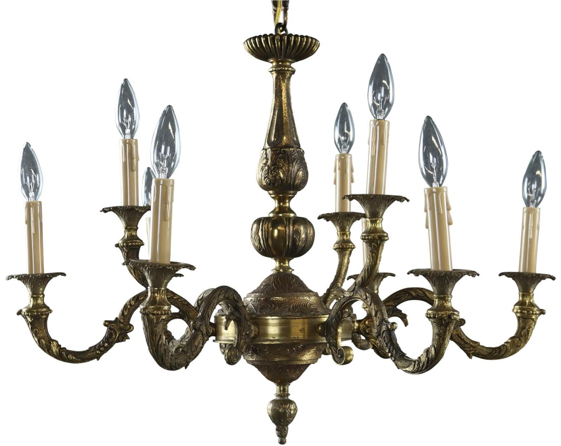 Vintage 6-Arm 9-Light Rococo Chandelier in Antique Brass: Vintage 6-Arm 9-Light Rococo Chandelier in Antique Brass Illuminate your space with this Elegant Antique Brass Rococo Chandelier, a stunning centerpiece that exudes vintage charm. This exquisite bowl 