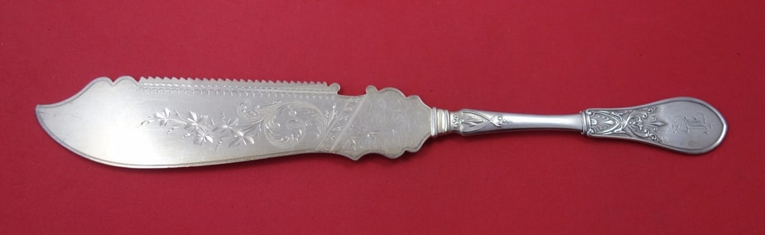 Schulz & Fischer Sterling Silver 10 3/4 Inch Serrated Bread Knife: Schulz & Fischer Sterling Silver 10 3/4 Inch Serrated Bread Knife This exquisite sterling silver bread knife, crafted by Schulz & Fischer, showcases a flat handle design and features a sharp serrated 