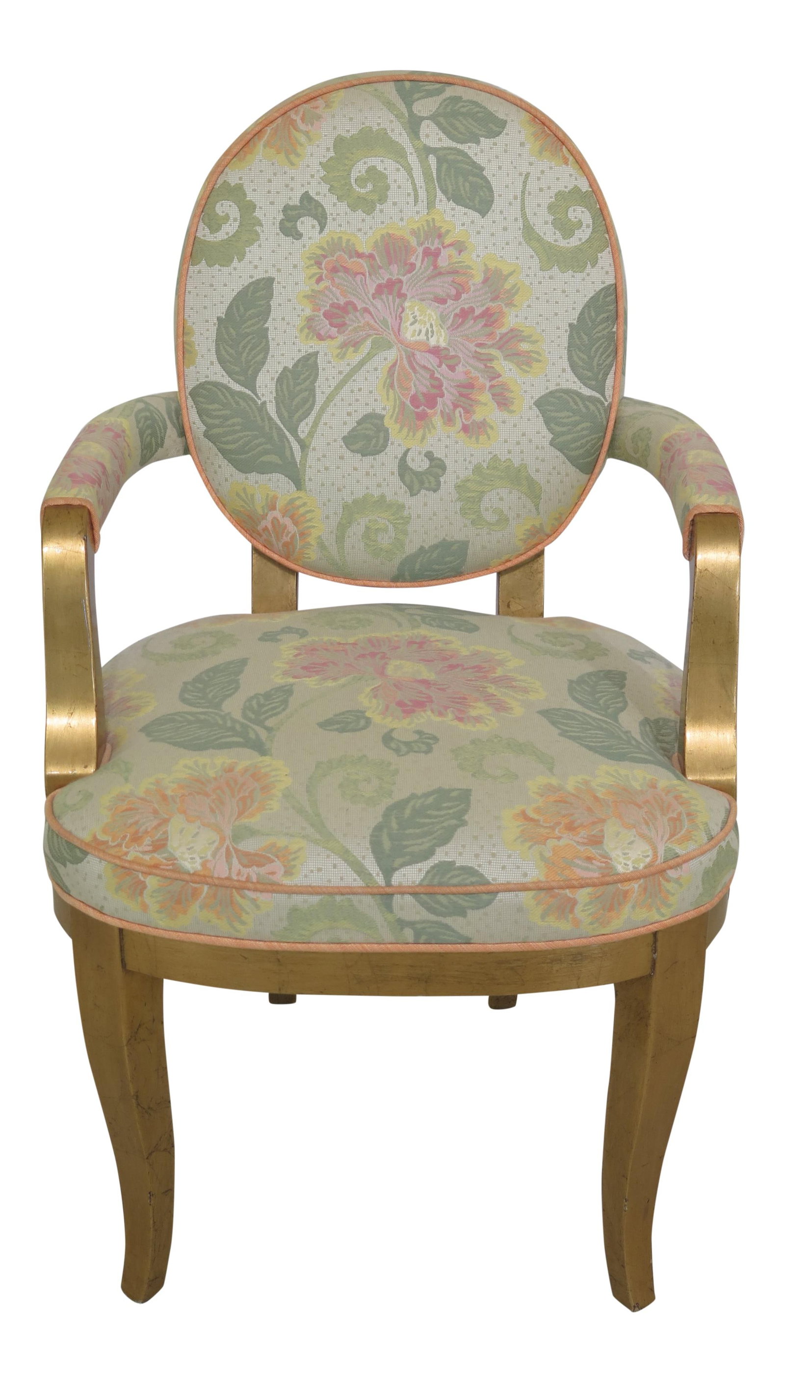 Elegant Gold Floral Print Upholstered Arm Chair: Elegant Gold Floral Print Upholstered Arm Chair This elegant arm chair features a stunning gold decorated floral print upholstery, combining both style and comfort. Crafted approximately 10 years ago,