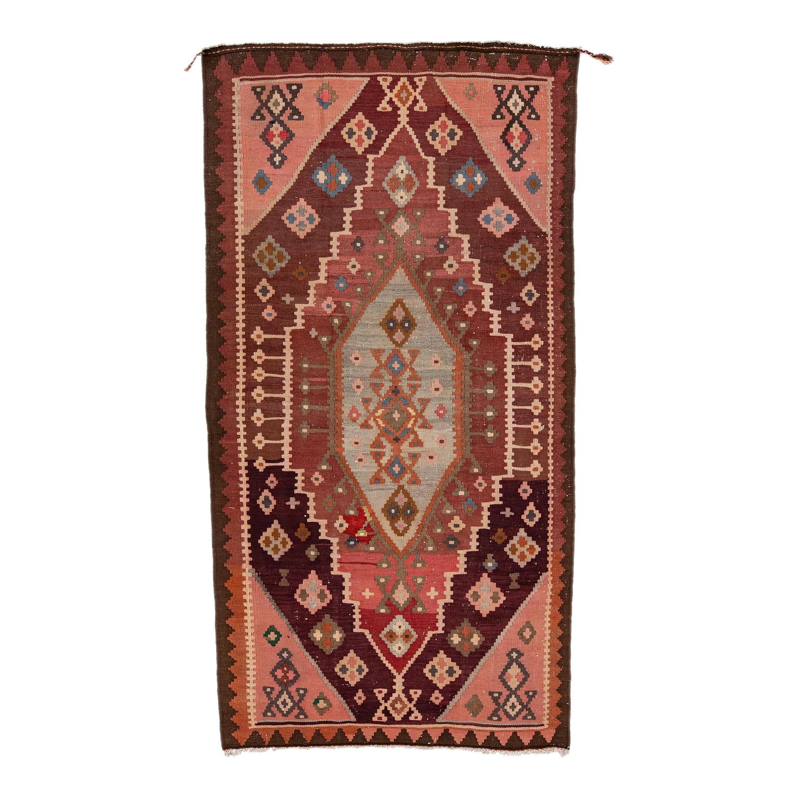 Vintage Turkish Kilim Red Wool Rug 5'6 x 10'5 Tribal Design: Vintage Turkish Kilim Red Wool Rug 5'6 x 10'5 Tribal Design This stunning vintage Turkish Kilim rug features a vibrant red field adorned with a captivating all-over geometric tribal design. Hand-knott