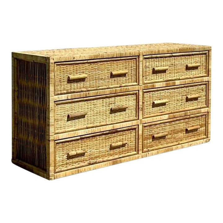 Vintage Coastal Woven Rattan Dresser: Vintage Coastal Woven Rattan Dresser Enhance your living space with this Vintage Coastal Woven Rattan Dresser. Crafted from natural rattan, it showcases a beautifully woven design that embodies the re