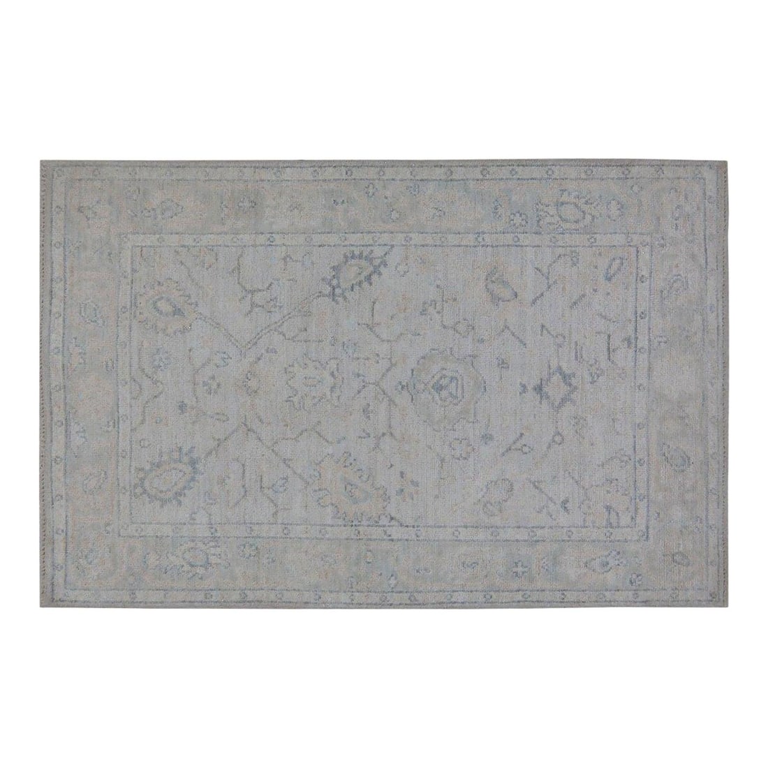 Stone Gray Wool Oushak Rug Hand Knotted Turkish 4'x6': Stone Gray Wool Oushak Rug Hand Knotted Turkish 4'x6' This Turkish Oushak rug is hand-knotted from wool, showcasing traditional craftsmanship with a modern design sensibility. The rug offers durabilit