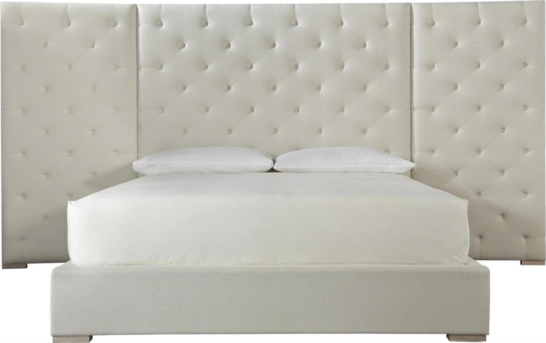 Panel Bed in Quartz Performance Fabric California King Transitional Style: Panel Bed in Quartz Performance Fabric California King Transitional Style This modern panel bed features a transitional design and is upholstered in Revolution Quartz Waltz performance fabric. Suitabl
