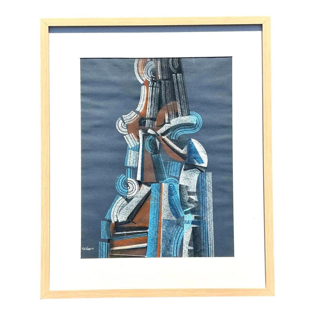 Original Abstract Pastel Artwork Framed with Geometric Boho Design 28.5 x 34.5: Original Abstract Pastel Artwork Framed with Geometric Boho Design 28.5 x 34.5 This original abstract pastel artwork on paper features a dynamic vertical composition with a sophisticated palette of ce