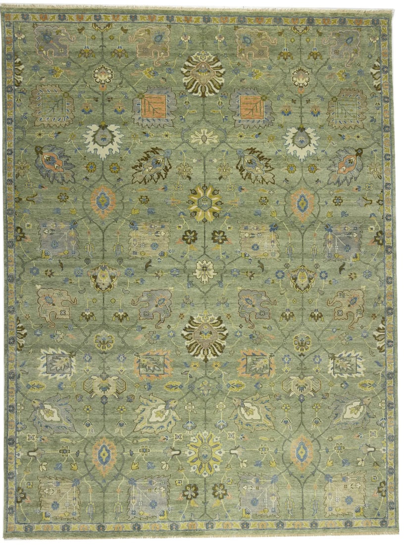 Hand-Knotted Floral Green Chobi Design 9x12 ft Wool Area Rug: Hand-Knotted Floral Green Chobi Design 9x12 ft Wool Area Rug Enhance your living space with this exquisite 9x12 ft hand-knotted floral Chobi design oriental rug. Crafted from premium wool, this large 