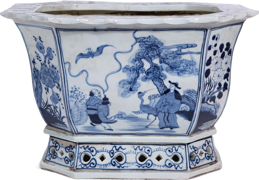 Chinoiserie Style Ceramic Foot Bath Planter Blue White Unique Design (1 of 5)