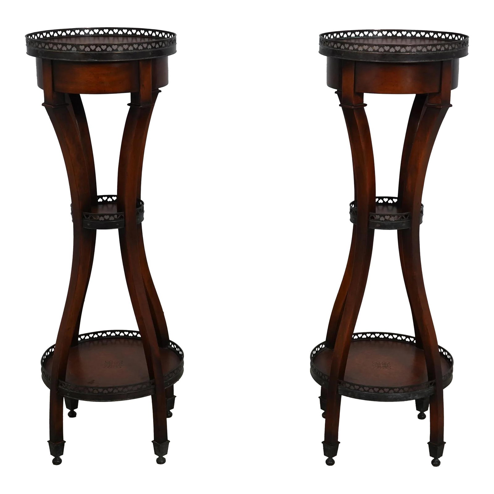 Theodore Alexander Regency Pedestal Tables with Leather Tops Pair: Theodore Alexander Regency Pedestal Tables with Leather Tops Pair This exquisite pair of Regency Style Pedestal Tables showcases high-quality craftsmanship with their brass gallery tops and beautifull
