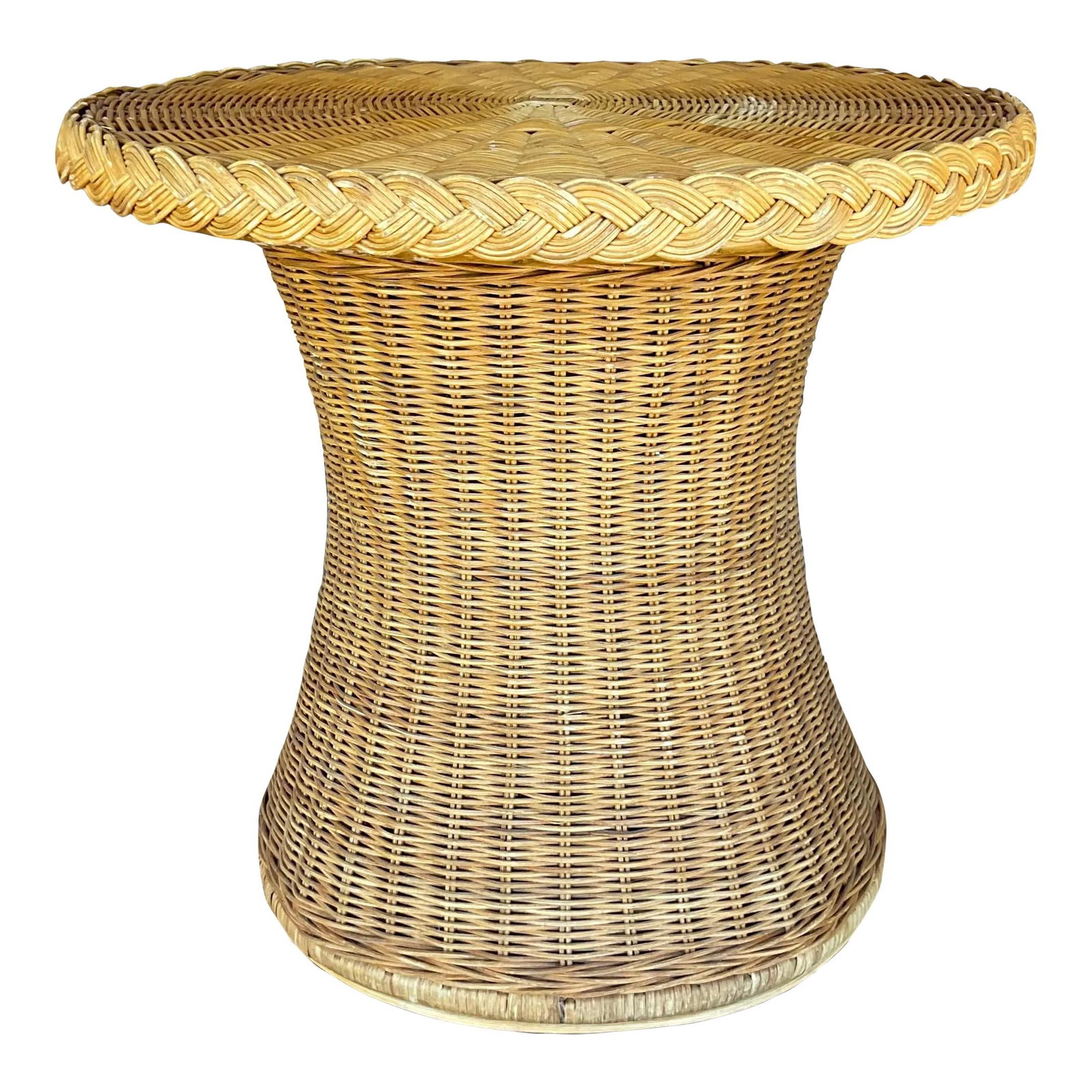 Vintage Coastal Braided Rattan Side Table Camel Color: Vintage Coastal Braided Rattan Side Table Camel Color Enhance your living space with the Vintage Coastal Braided Rattan Side Table, a delightful piece that embodies the charm of seaside decor. Crafted