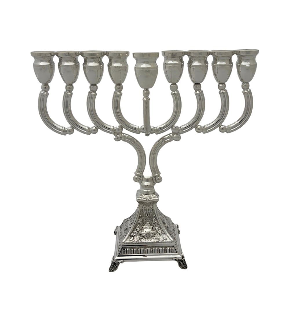 Handmade 925 Sterling Silver Ornate Chanukah Menorah 10 Inches: Handmade 925 Sterling Silver Ornate Chanukah Menorah 10 Inches This exquisite 925 sterling silver Chanukah menorah showcases a unique blend of handmade chased ornate designs with both matte and shiny 