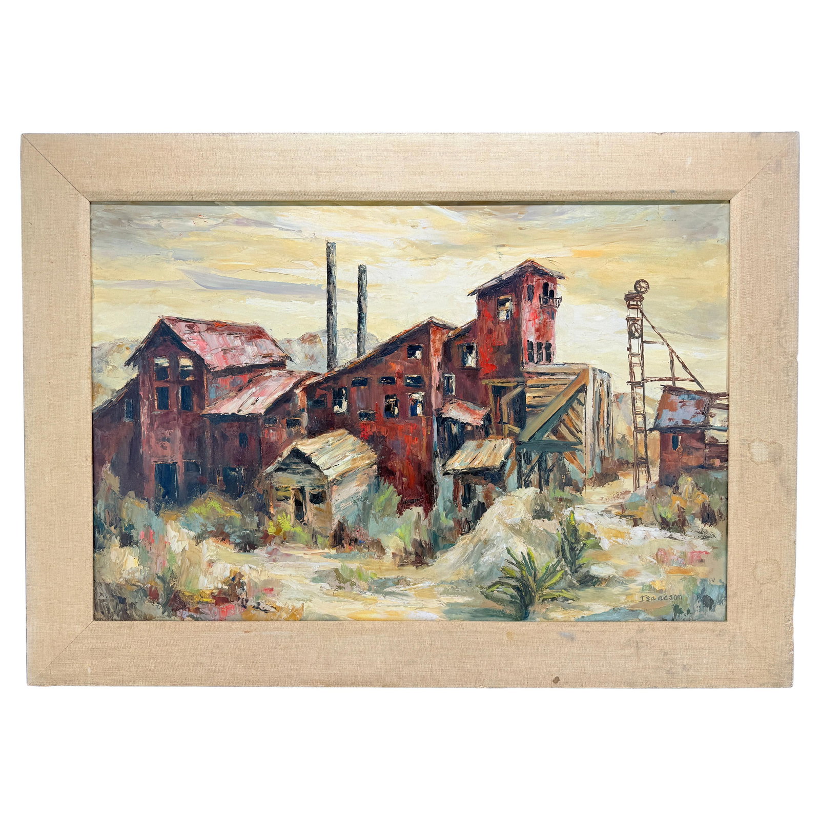 WPA Style Industrial Landscape Oil Painting by Isaacson 35.5 x 25.625: WPA Style Industrial Landscape Oil Painting by Isaacson 35.5 x 25.625 This striking oil painting on board, created in the WPA (Works Progress Administration) style by artist Isaacson, captures the ess