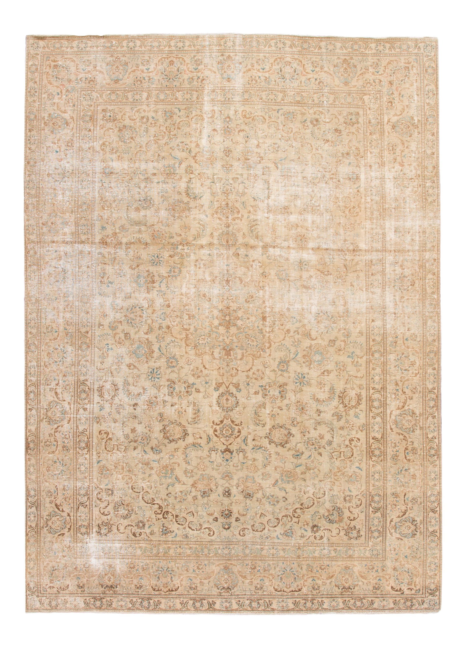 Vintage Kerman Wool Rug 9'9 x 13'7 Hand-Knotted Tan Floral Design: Vintage Kerman Wool Rug 9'9 x 13'7 Hand-Knotted Tan Floral Design This exquisite hand-knotted vintage Kerman wool rug showcases a beautiful tan field adorned with delicate gray floral accents. Measuri