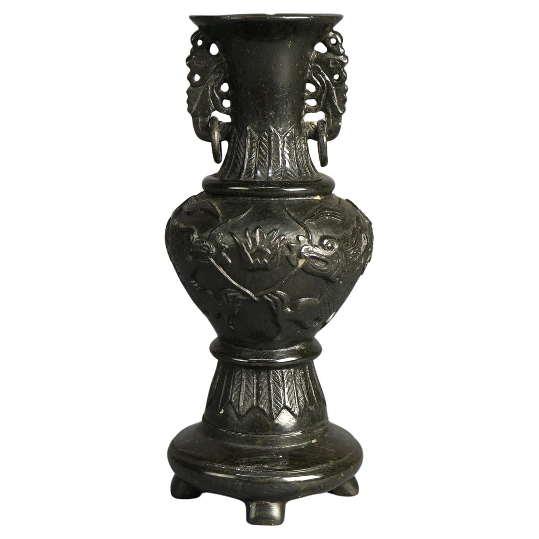 Early 20th Century Chinese Hardstone Urn with Relief Dragon Motif and Dual Handles: Early 20th Century Chinese Hardstone Urn with Relief Dragon Motif and Dual Handles This antique Chinese urn, dating to circa 1920, is carved from hard stone and features detailed relief work depicting