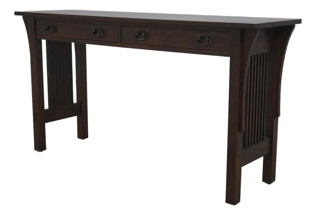 Mission Style Oak Console Table with Two Drawers and Spindle Sides (1 of 10)
