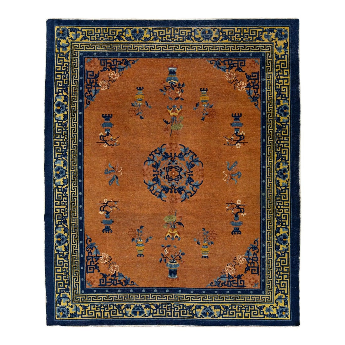 8' x 9'10" Chinese Wool Rug with Floral Medallion and Mythical Motifs: 8' x 9'10" Chinese Wool Rug with Floral Medallion and Mythical Motifs This antique handwoven Chinese wool rug features a warm brown field with a central floral medallion. It is adorned with vases, pho