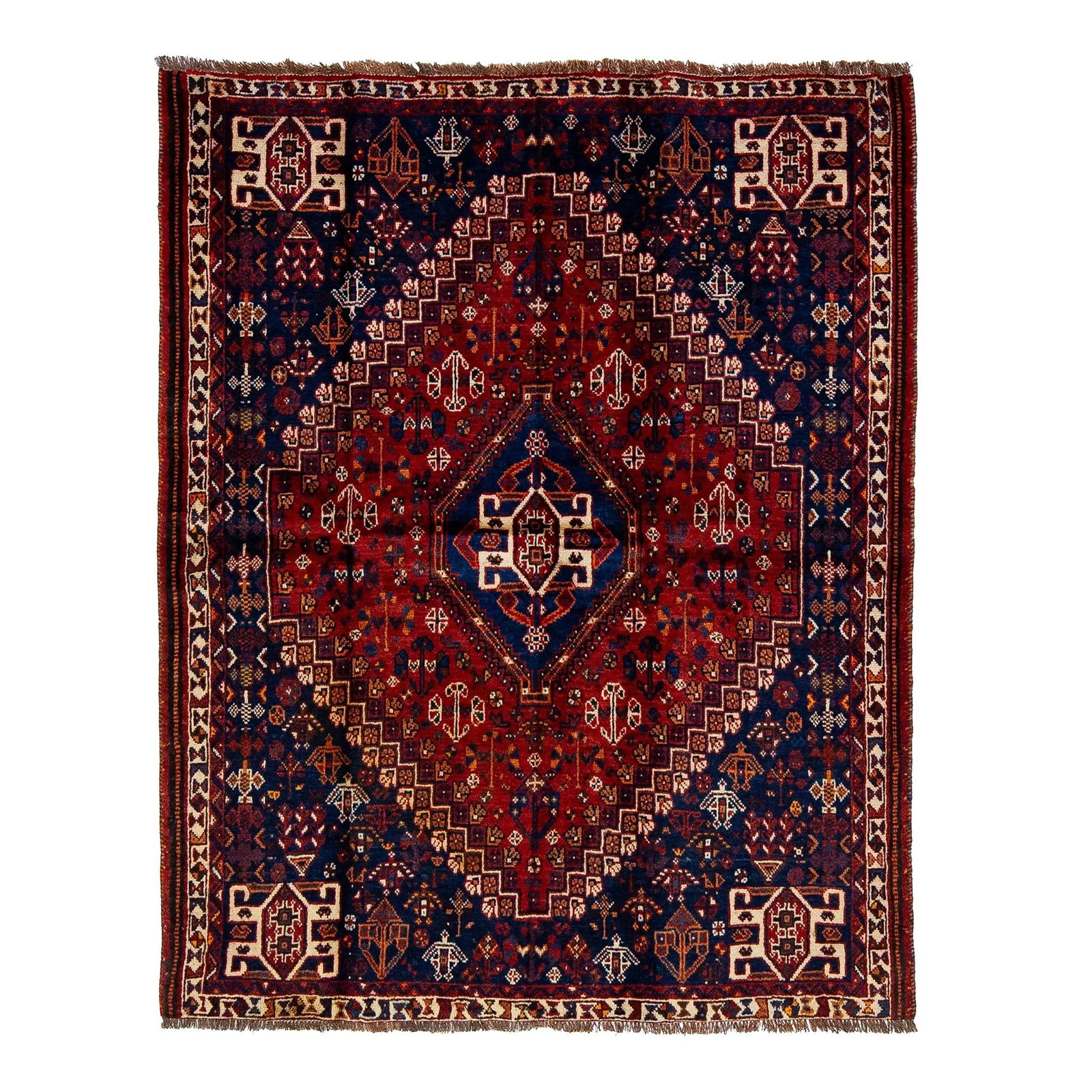 Vintage Persian Shiraz Wool Rug 4'1" x 5'2" Red Blue Design: Vintage Persian Shiraz Wool Rug 4'1" x 5'2" Red Blue Design Enhance your space with this exquisite hand-knotted vintage Persian Shiraz rug, showcasing a vibrant red and blue geometric design, accentua