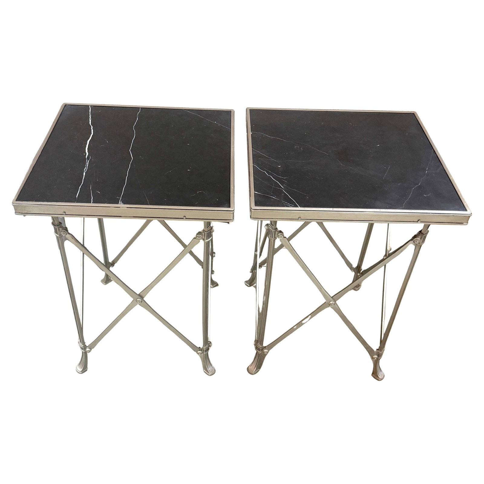 Set of 2 Neoclassical Silvered Bronze Black Marble Gueridons Style of Maison Jansen: Set of 2 Neoclassical Silvered Bronze Black Marble Gueridons Style of Maison Jansen This exquisite pair of Neoclassical gueridon side tables showcases craftsmanship in the style of Maison Jansen. Each