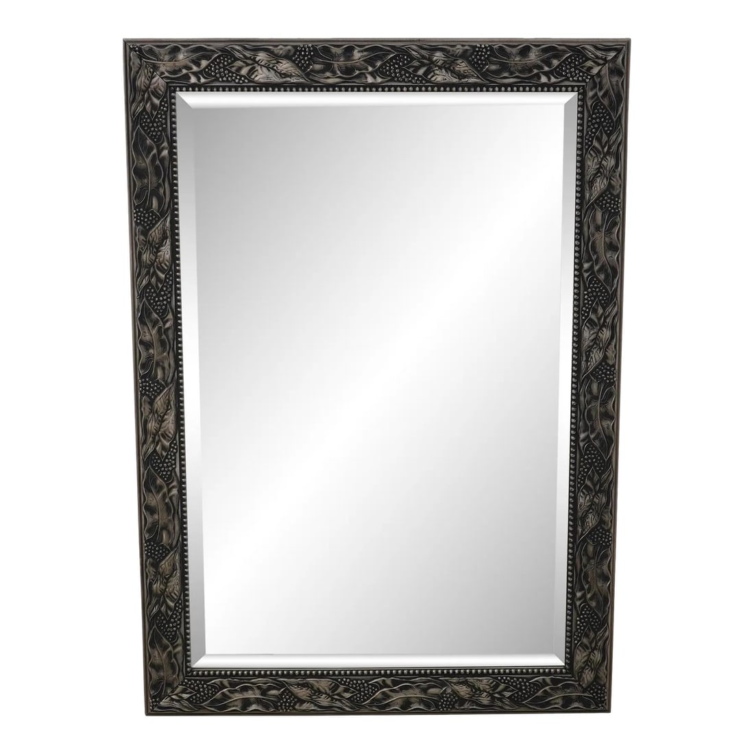 Art Nouveau Grape Vine Silver Finish Rectangular Mirror 30 x 42: Art Nouveau Grape Vine Silver Finish Rectangular Mirror 30 x 42 This exquisite Art Nouveau mirror features a stunning grape vine design, showcasing a beautifully detailed gesso frame finished in silve