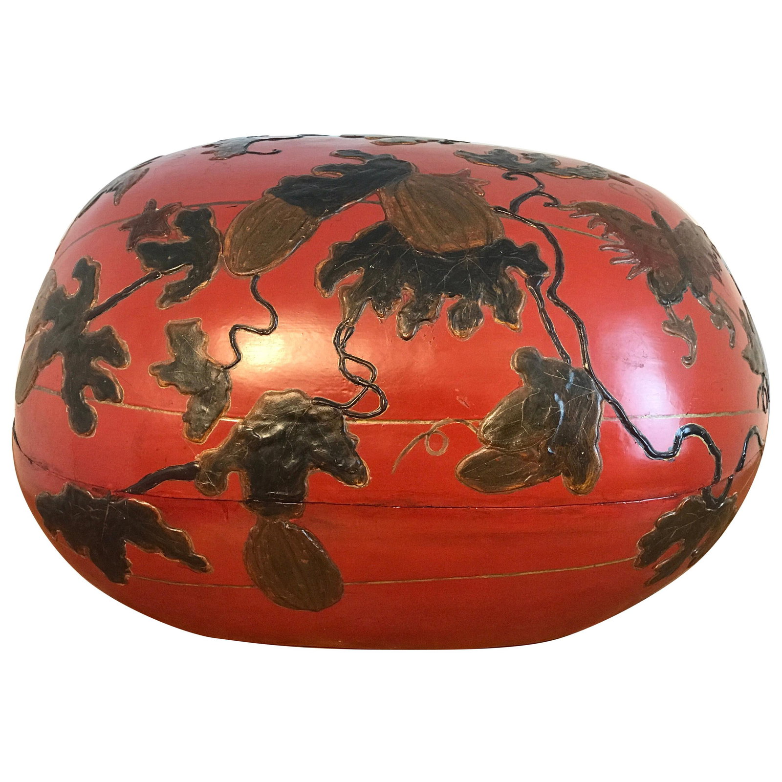 Meiji Era Huge Japanese Red Lacquer Gourd Motif Box 16x28x18 in: Meiji Era Huge Japanese Red Lacquer Gourd Motif Box 16x28x18 in This stunning Japanese red lacquerware box features an intricate gourd motif, showcasing gourds elegantly suspended from leafy branches 