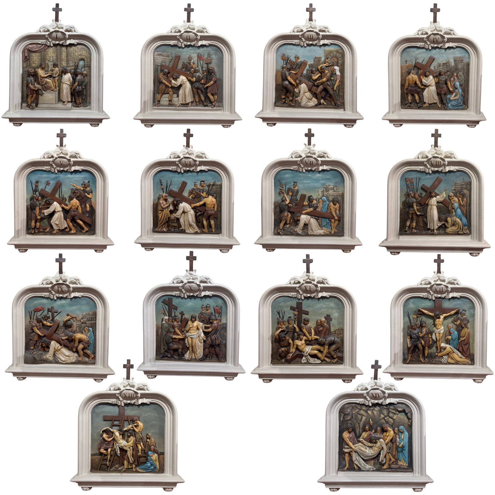 Complete Set of 14 19th Century French Stations of the Cross Plaster Panels: Complete Set of 14 19th Century French Stations of the Cross Plaster Panels Enhance your chapel, monastery, or private devotional space with this striking set of 14 polychrome plaster panels depicting