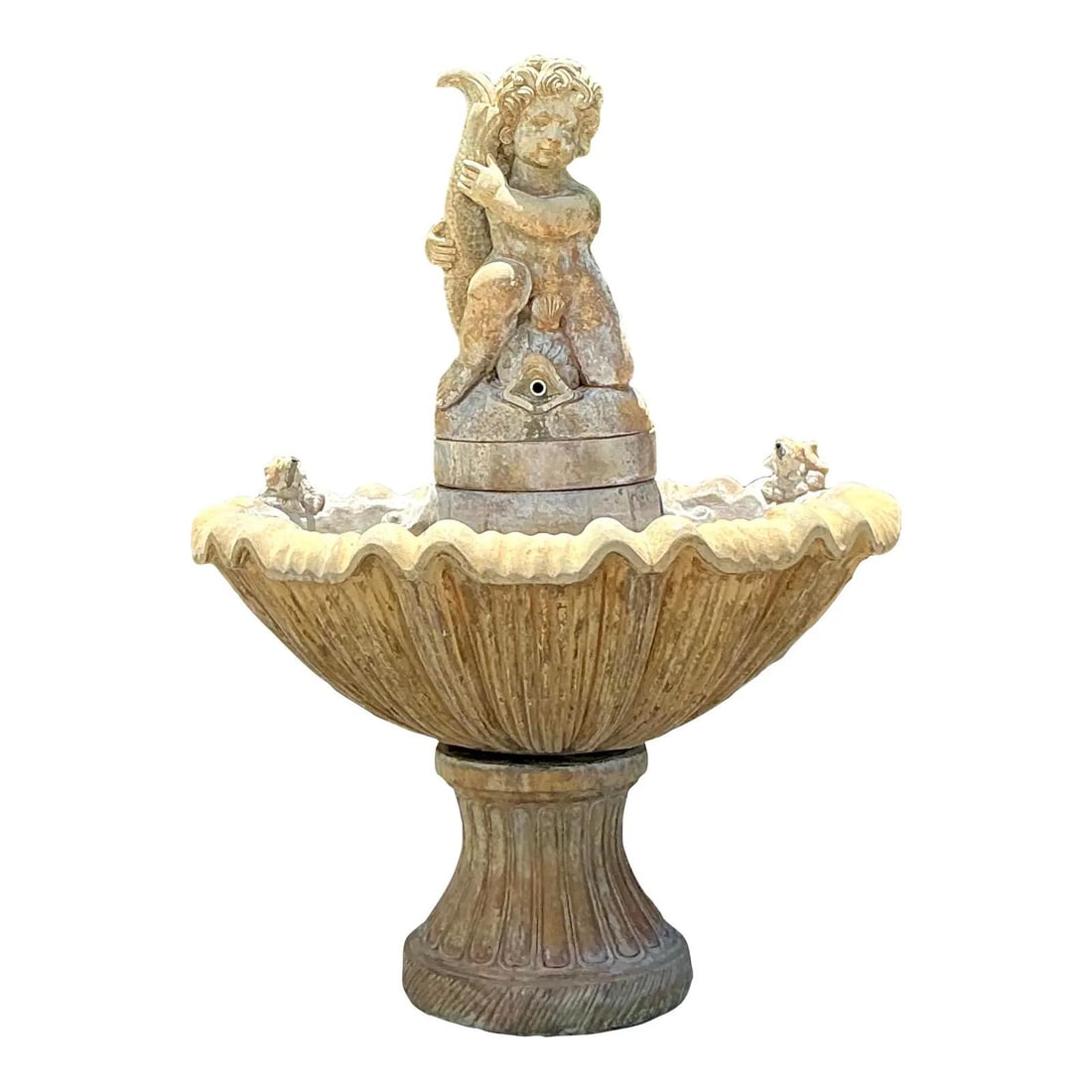 Vintage Cast Stone Cherub Dolphin Fountain 39.25 x 28 x 51.5: Vintage Cast Stone Cherub Dolphin Fountain 39.25 x 28 x 51.5 Enhance your outdoor space with this stunning Vintage Regency Cast Stone Fountain, a perfect embodiment of Neoclassical and Italianate arti