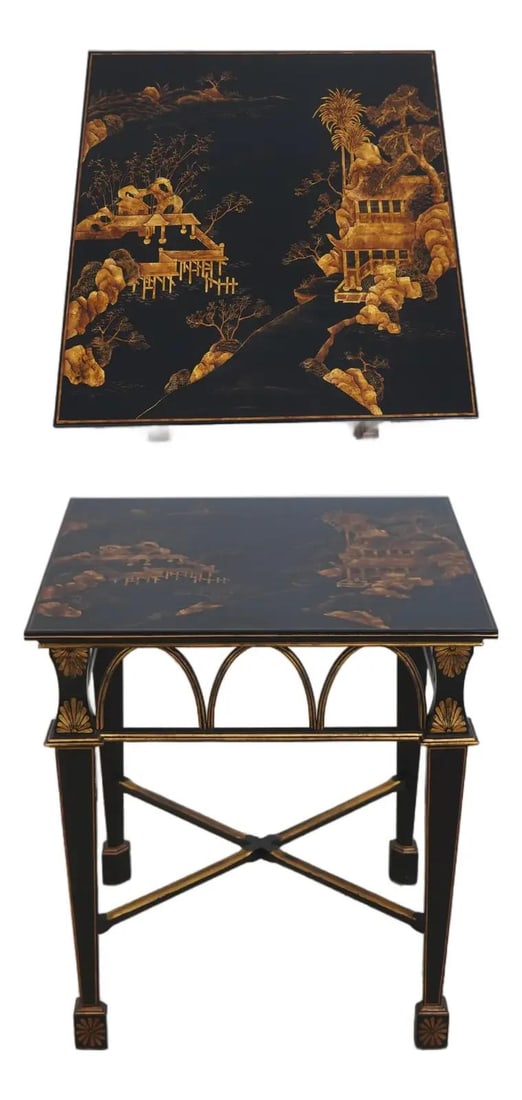 Black Lacquer Lamp Table with Gold Chinoiserie and Stretcher Base (1 of 10)