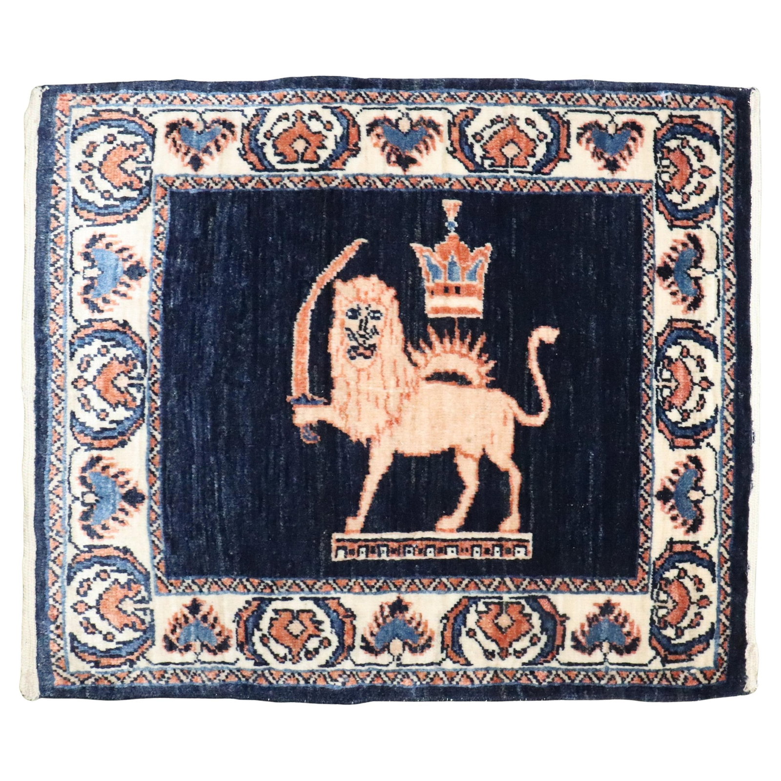 Persian Lion King Pictorial Wool Rug 14 x 24 Inch Vintage Handwoven: Persian Lion King Pictorial Wool Rug 14 x 24 Inch Vintage Handwoven This vintage Persian pictorial rug features a striking Lion King motif in blue tones. Hand-woven from wool, it reflects American Cla