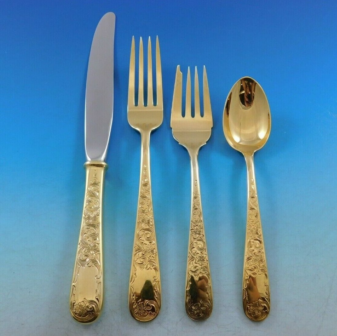 Kirk Old Maryland Engraved Vermeil 4pc Sterling Silver Place Setting: Kirk Old Maryland Engraved Vermeil 4pc Sterling Silver Place Setting Enhance your dining experience with this exquisite 4-piece place setting from the Old Maryland Engraved Vermeil pattern by Kirk. Cr