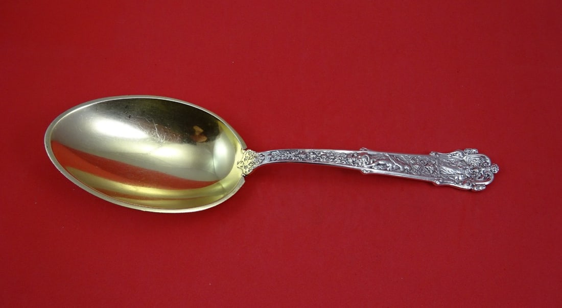 Gold Washed Sterling Pudding Spoon Coligni Pattern 9 3/4 Inch (1 of 2)