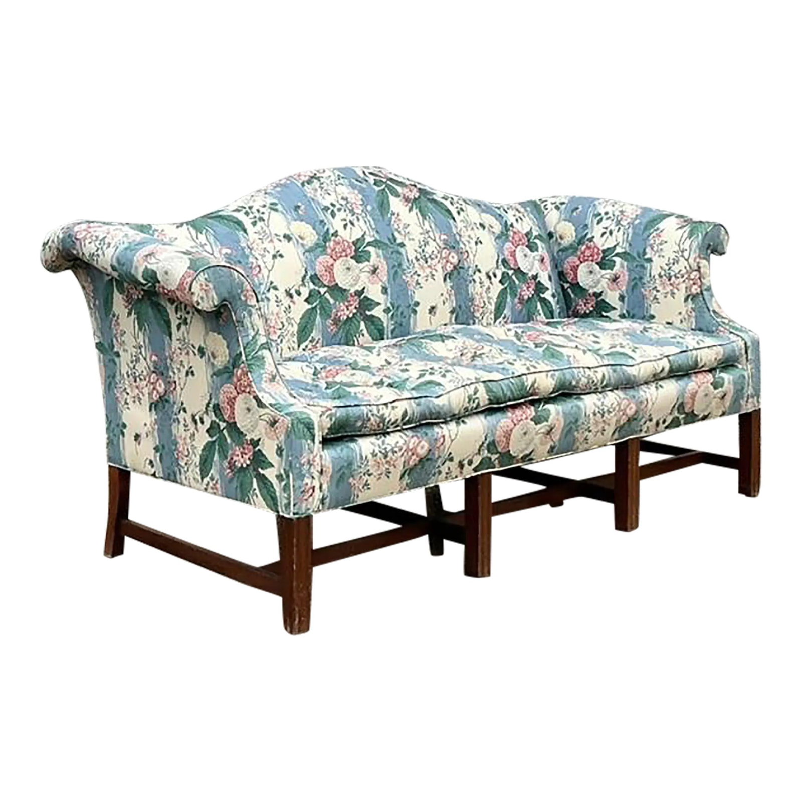 Vintage Boho Camelback Sofa in Waxed Chintz Cerulean: Vintage Boho Camelback Sofa in Waxed Chintz Cerulean Enhance your living space with this Vintage Boho Waxed Chintz Camelback Sofa. Showcasing a classic camelback silhouette, it is enveloped in vibrant