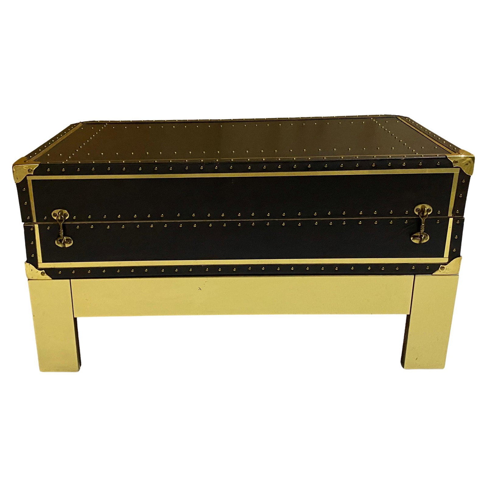 1970s Sheik Campaign Brass Studded Leather Trunk on Brass Stand (1 of 6)